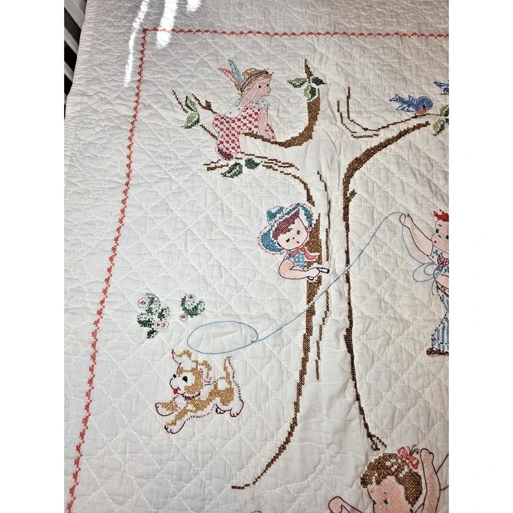 Vintage‎ 1930s Hand Quilted Crib Blanket Nursery Wall Decor Quilt Story Children